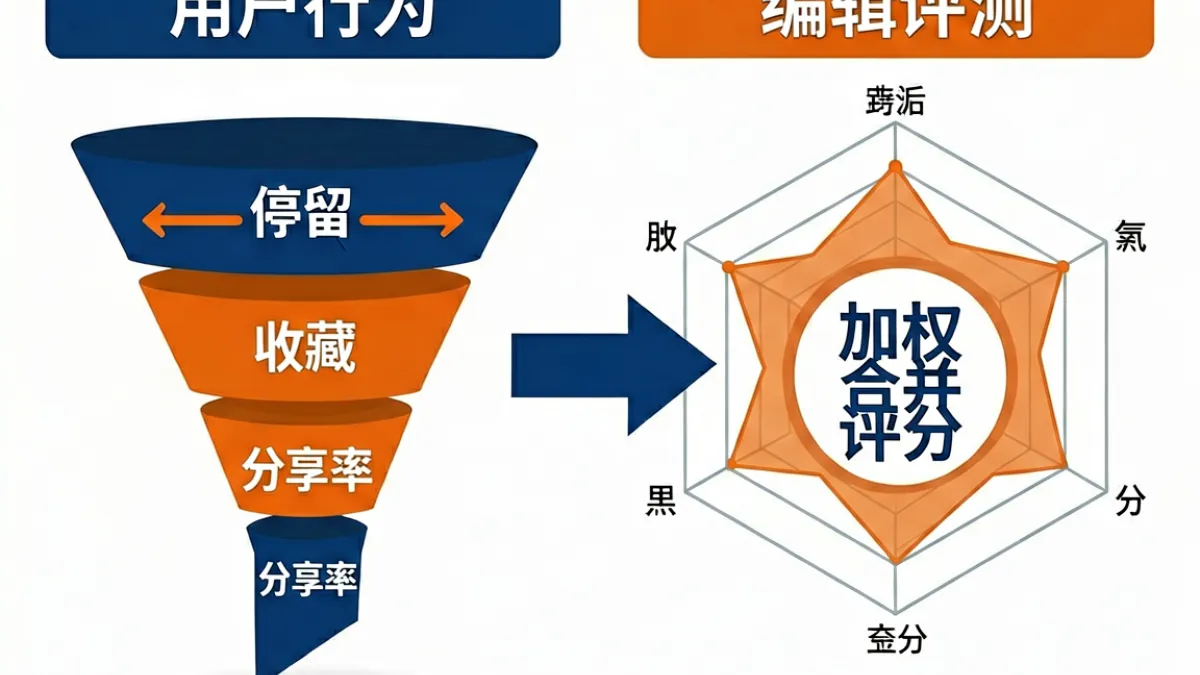 51cg 双轨评分体系示意图，左侧为用户行为数据漏斗，右侧为编辑评测打分流程，中间箭头指向加权合并结果