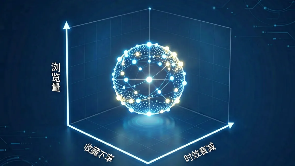 51cg内容质量评估模型示意图，三维坐标系展示浏览量、收藏率与时效性权重关系